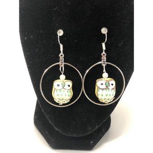 Handmade Owl Hoop Earrings-Silver Toned, Yellow Ceramic Bird W/ Pearl Elements.